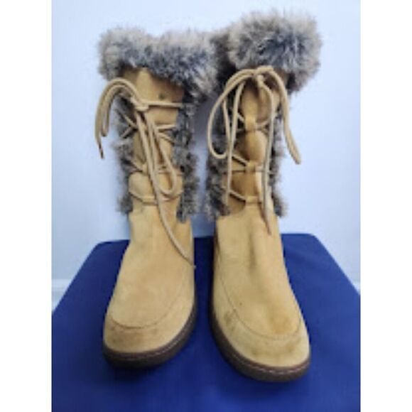 L.L. Bean Women Tan Brown Suede w/Faux Fur Waterproof Tall Lace Up Boots sz 8.5 - Picture 2 of 11